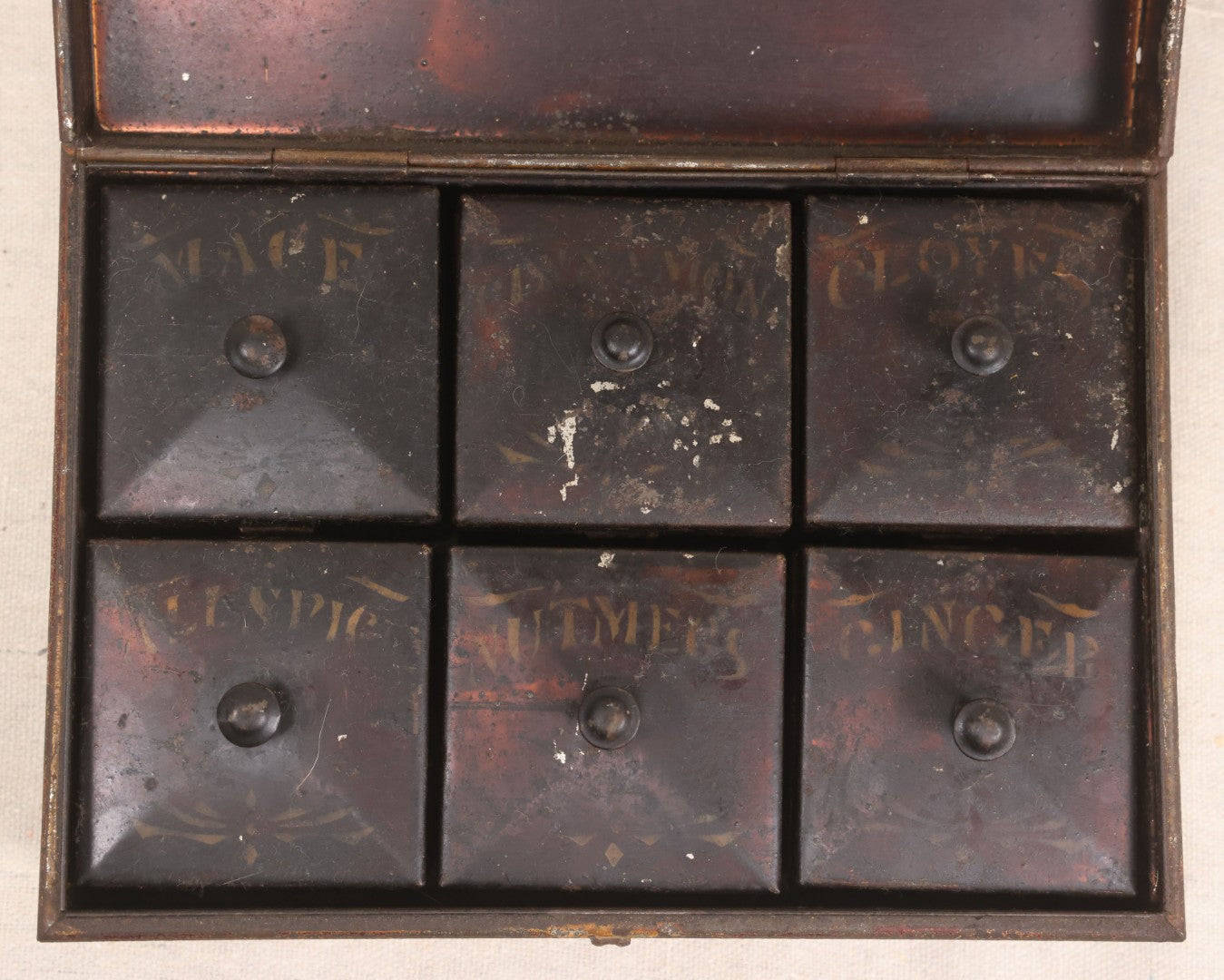 Lot 034 - Antique Toleware Spice Box With Six Interior Tins By Kreamer, Labeled Mace, Cinnamon, Cloves, Allspice, Nutmeg, And Ginger