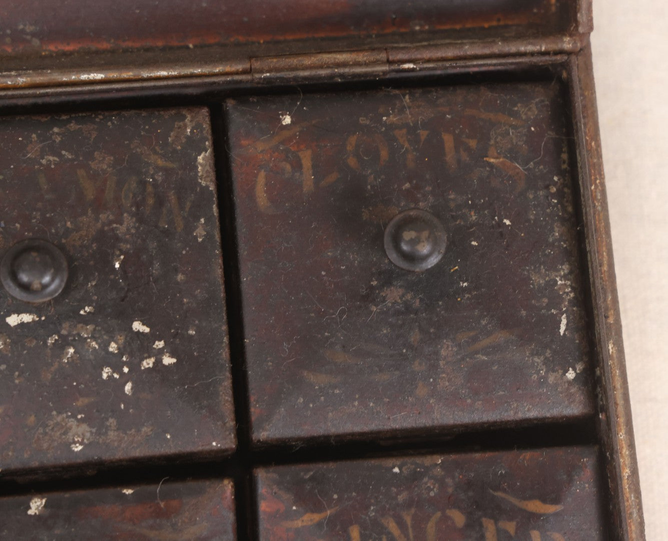 Lot 034 - Antique Toleware Spice Box With Six Interior Tins By Kreamer, Labeled Mace, Cinnamon, Cloves, Allspice, Nutmeg, And Ginger