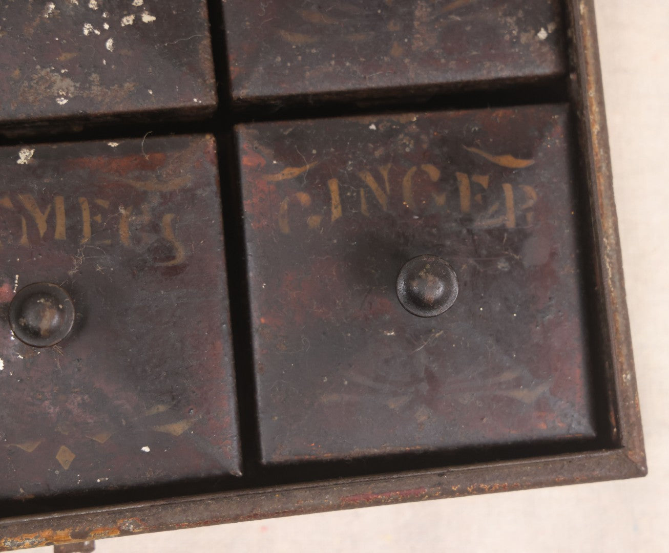Lot 034 - Antique Toleware Spice Box With Six Interior Tins By Kreamer, Labeled Mace, Cinnamon, Cloves, Allspice, Nutmeg, And Ginger