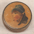 Lot 035 - Antique Hand-Painted Papier-Mâché Topsy-Turvy Portrait Snuff Box With Reversible Male And Female Faces, 2-1/4" Diameter