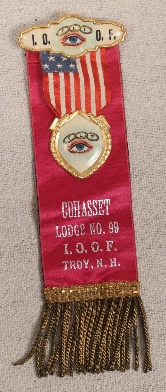Lot 036 - Antique Odd Fellows I.O.O.F.. Cohasset Lodge No. 99 Reversible Lodge And Mourning Ribbon, Troy, New Hampshire