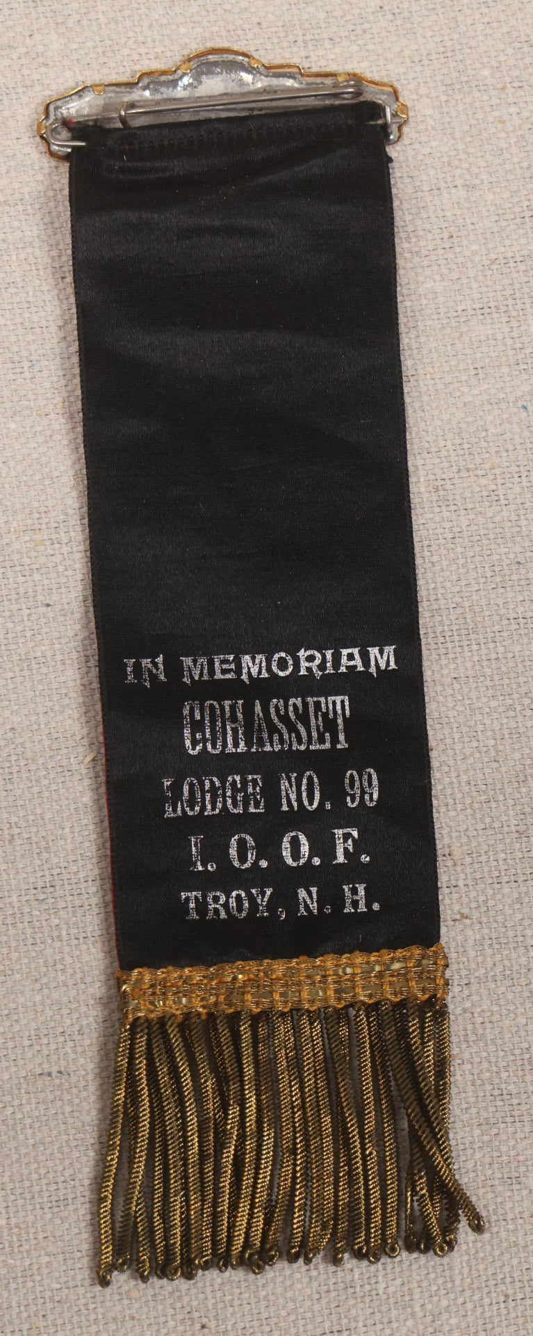 Lot 036 - Antique Odd Fellows I.O.O.F.. Cohasset Lodge No. 99 Reversible Lodge And Mourning Ribbon, Troy, New Hampshire