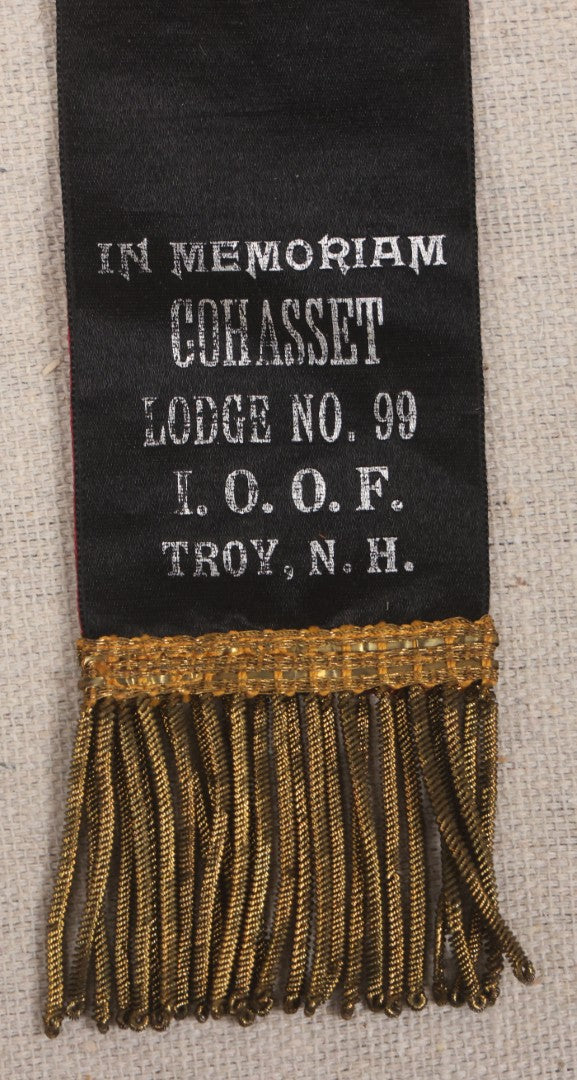 Lot 036 - Antique Odd Fellows I.O.O.F.. Cohasset Lodge No. 99 Reversible Lodge And Mourning Ribbon, Troy, New Hampshire