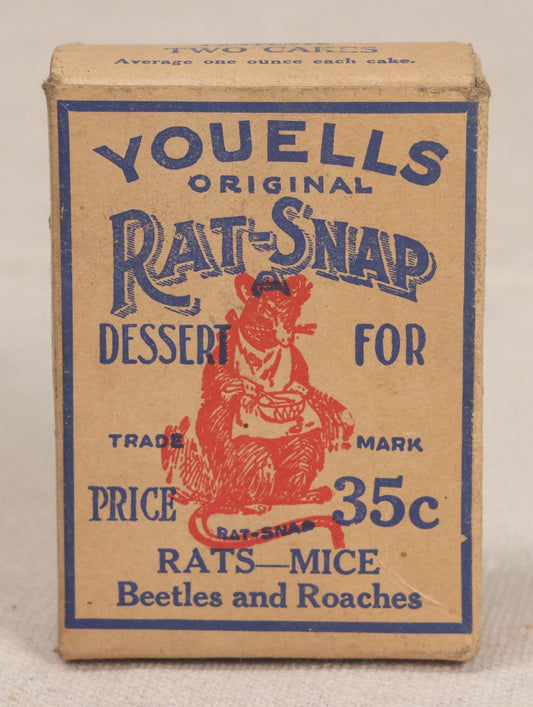 Lot 042 - Vintage Youells Original Rat-Snap Rat Poison Box With Contents, "Dessert For Rats," Youells Rat-Snap Co., North Branch, New Jersey, With Skull And Crossbones Graphics