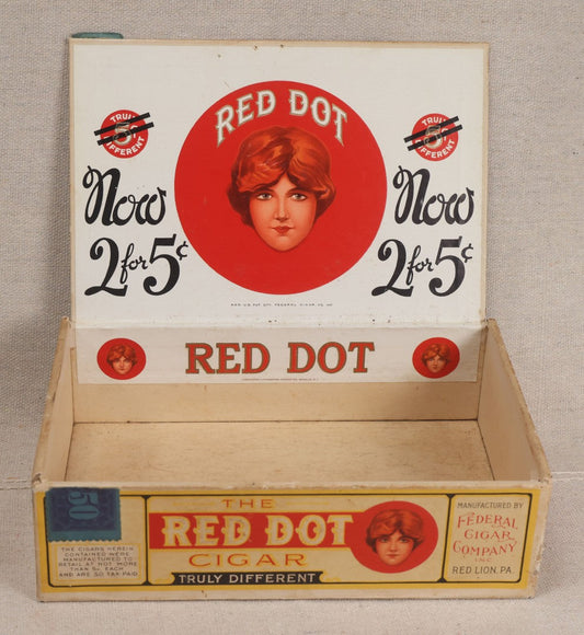 Lot 045 - Vintage Red Dot Cigar Box By Federal Cigar Company, Inc., Red Lion, Pennsylvania, With Woman Portrait Graphics, "Now 2 For 5¢"