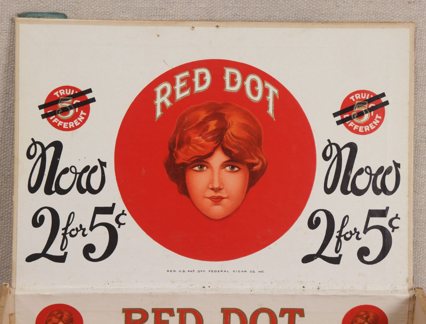 Lot 045 - Vintage Red Dot Cigar Box By Federal Cigar Company, Inc., Red Lion, Pennsylvania, With Woman Portrait Graphics, "Now 2 For 5¢"
