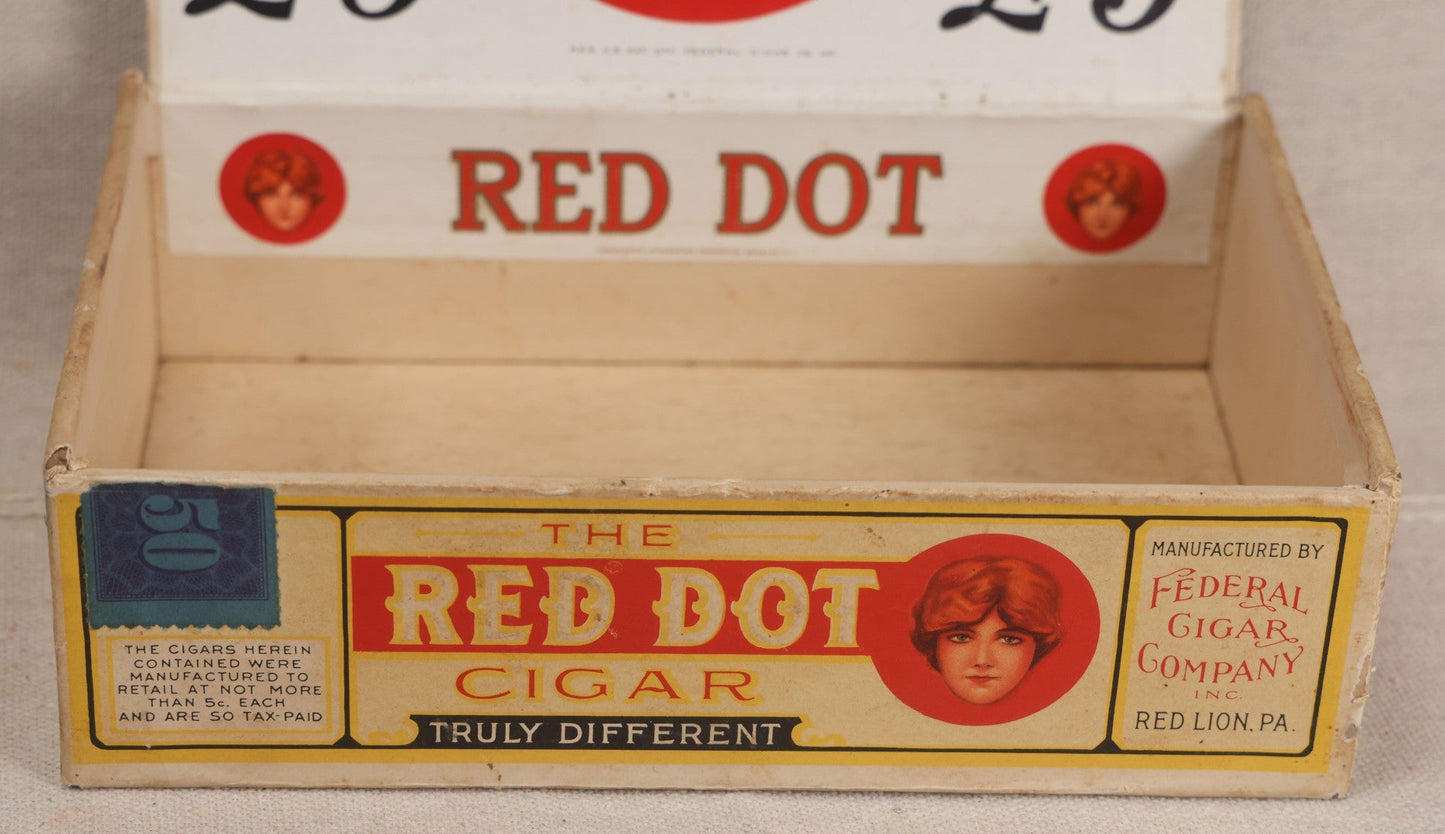 Lot 045 - Vintage Red Dot Cigar Box By Federal Cigar Company, Inc., Red Lion, Pennsylvania, With Woman Portrait Graphics, "Now 2 For 5¢"