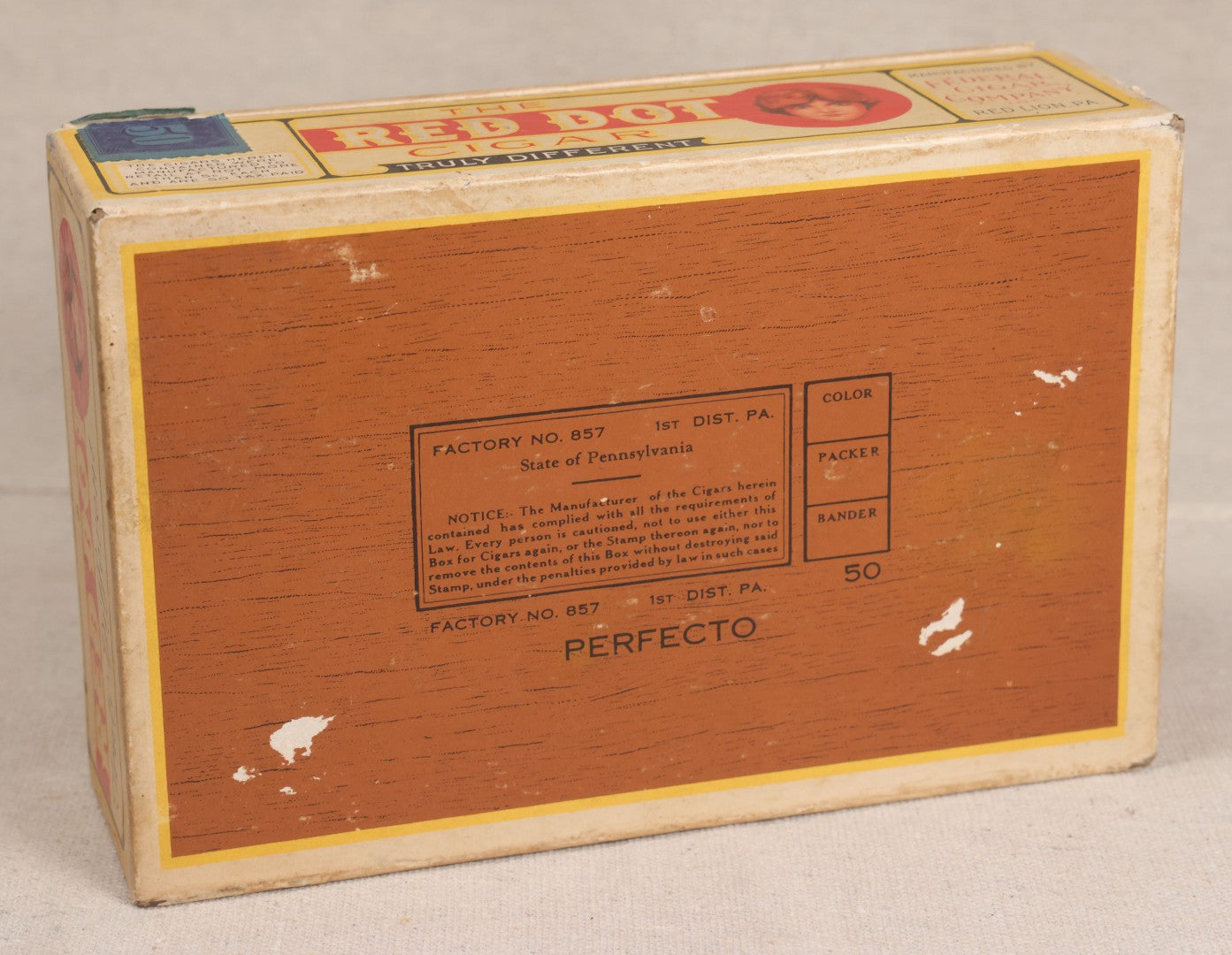 Lot 045 - Vintage Red Dot Cigar Box By Federal Cigar Company, Inc., Red Lion, Pennsylvania, With Woman Portrait Graphics, "Now 2 For 5¢"