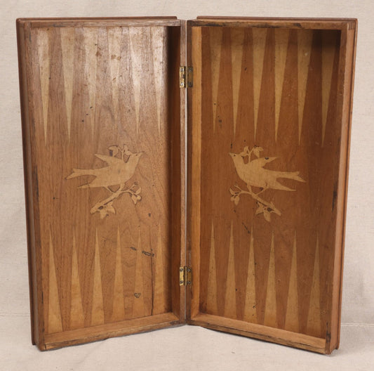 Lot 046 - Antique Folk Art Inlaid Wood Folding Chess, Checkers, And Backgammon Game Board With Bird Motifs
