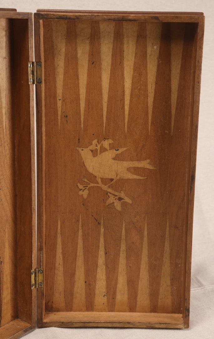 Lot 046 - Antique Folk Art Inlaid Wood Folding Chess, Checkers, And Backgammon Game Board With Bird Motifs