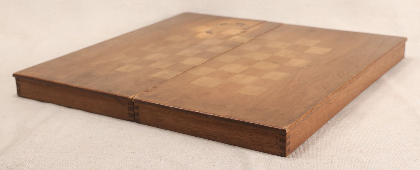 Lot 046 - Antique Folk Art Inlaid Wood Folding Chess, Checkers, And Backgammon Game Board With Bird Motifs