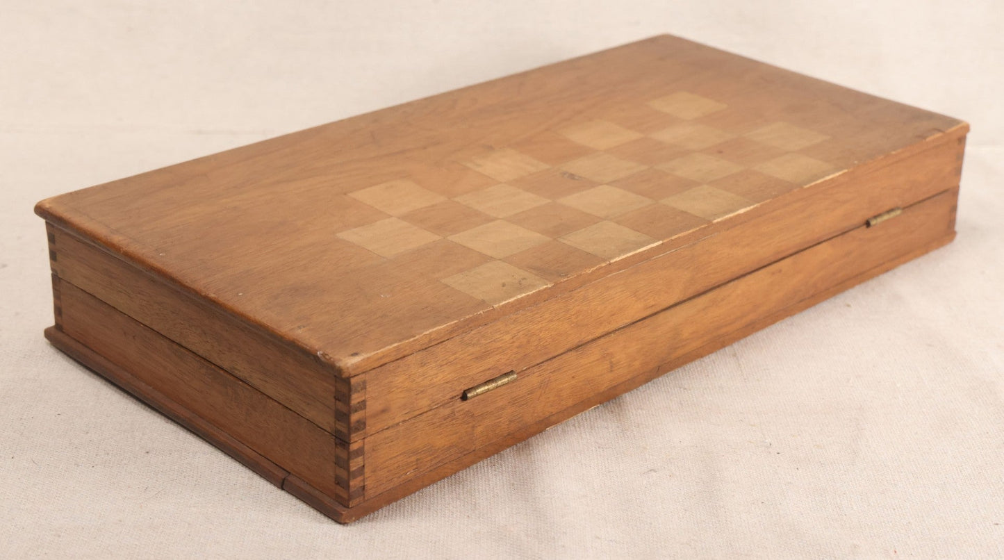 Lot 046 - Antique Folk Art Inlaid Wood Folding Chess, Checkers, And Backgammon Game Board With Bird Motifs