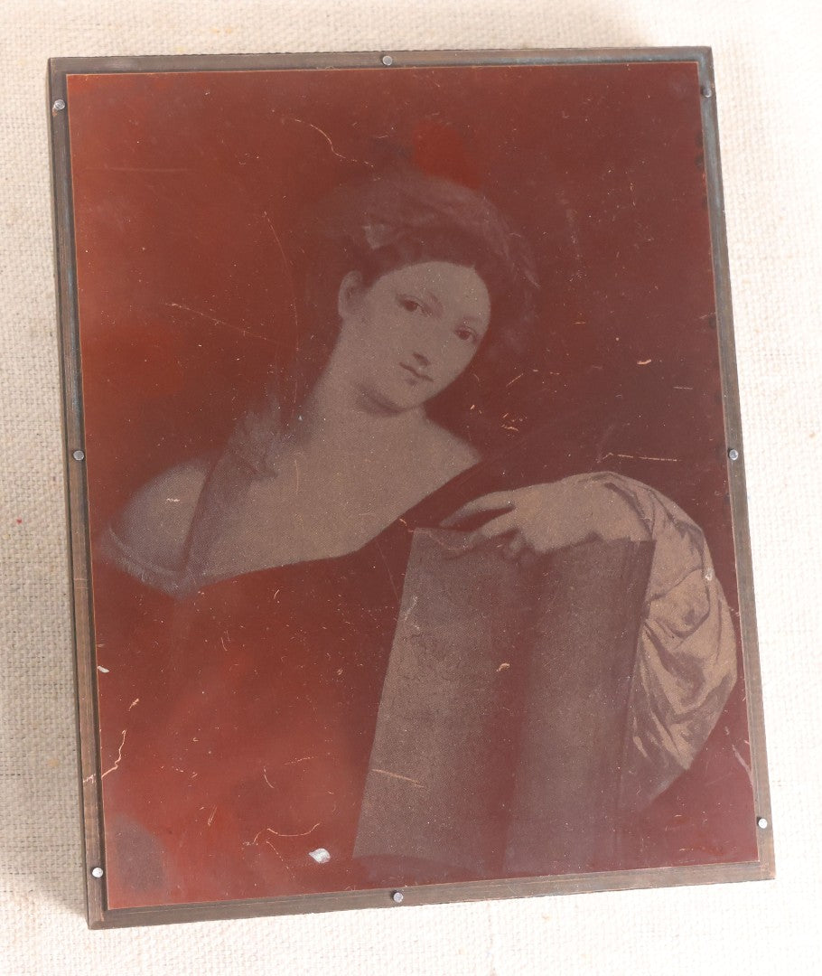 Lot 047 - Antique Copper Printing Plate On Wood Block, Portrait Of A Young Woman With Book