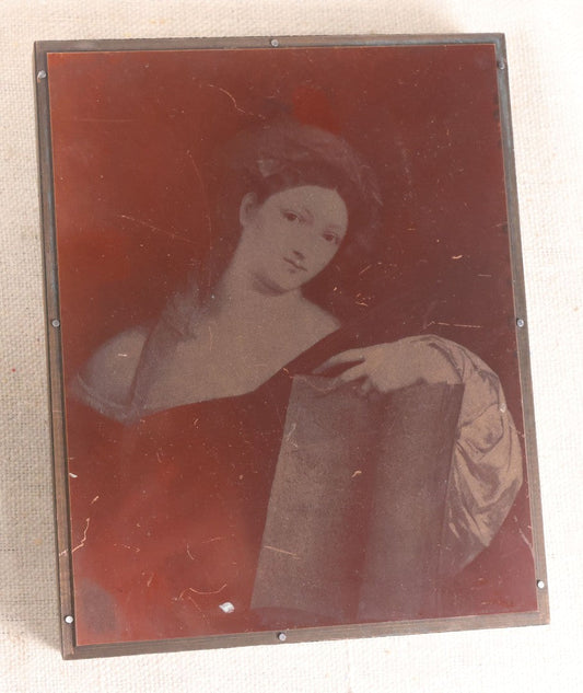 Lot 047 - Antique Copper Printing Plate On Wood Block, Portrait Of A Young Woman With Book