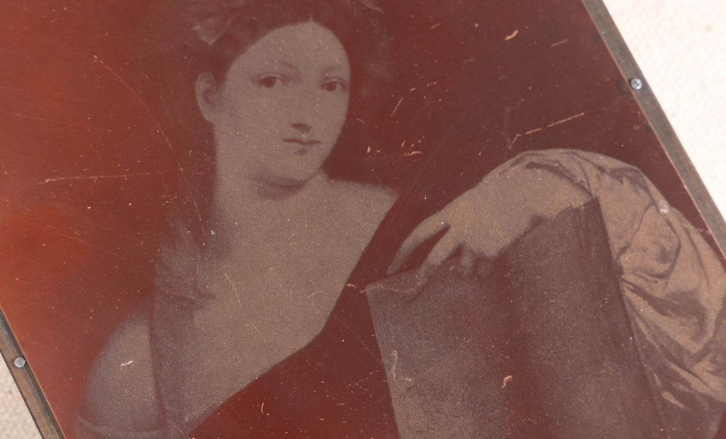 Lot 047 - Antique Copper Printing Plate On Wood Block, Portrait Of A Young Woman With Book