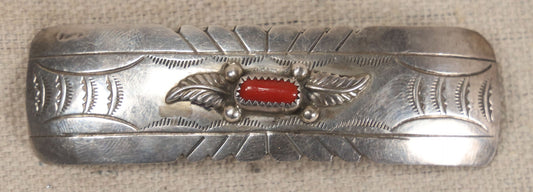 Lot 049 - Vintage Southwestern Sterling Silver And Coral Hair Barrette With Leaf Appliques And Stampwork