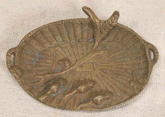 Lot 050 - Antique French Aesthetic Movement Brass Tray With Basket-Weave Ground, Branch, And Mouse Motifs, Marked France