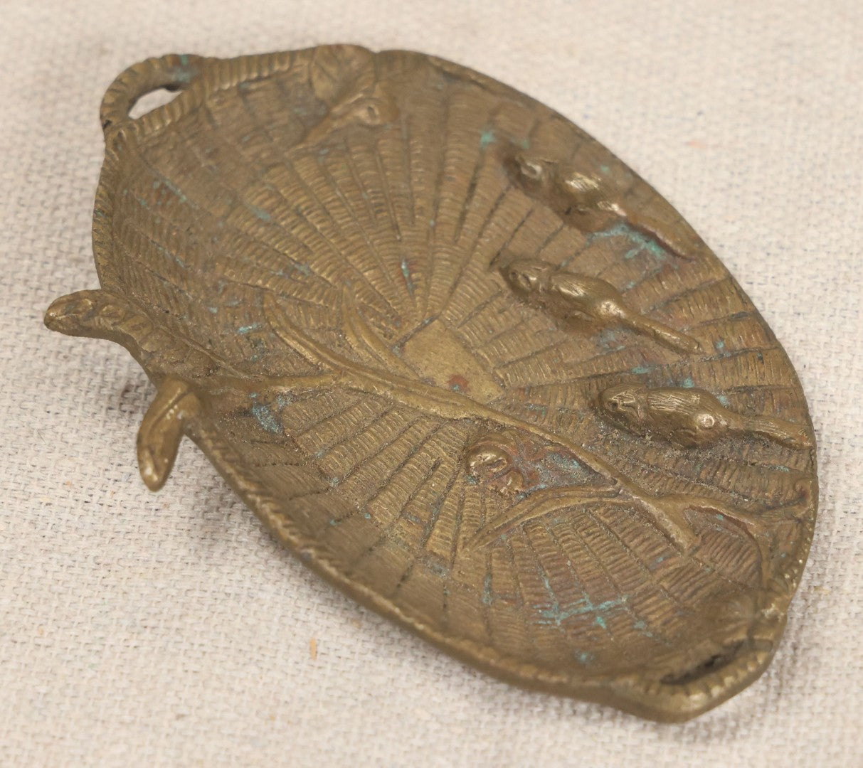 Lot 050 - Antique French Aesthetic Movement Brass Tray With Basket-Weave Ground, Branch, And Mouse Motifs, Marked France