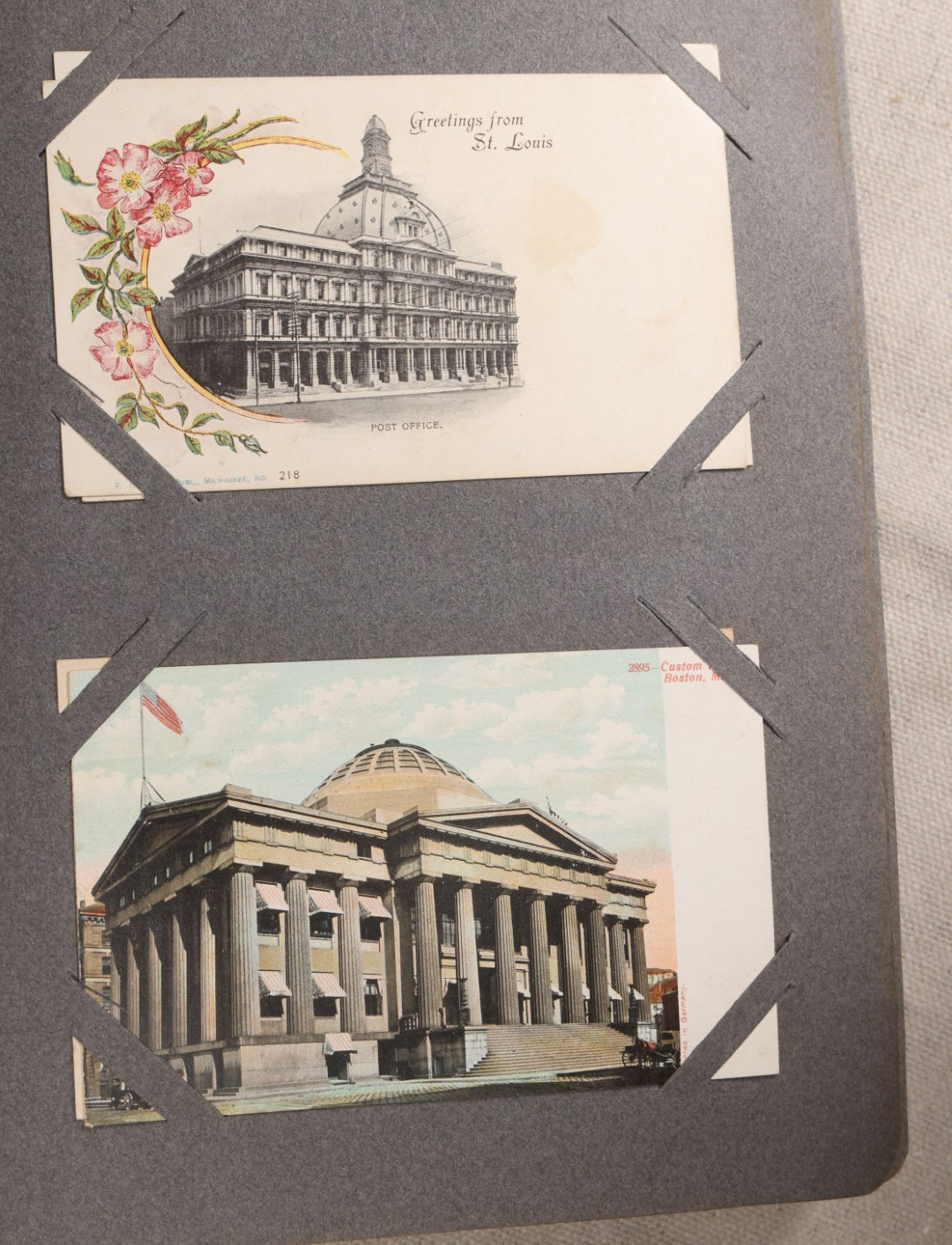 Lot 054 - Antique Postcard Album With Red Cover Containing Approximately 150 Antique And Vintage Postcards, New England, Holidays Including Christmas And Easter, Domestic, And International Subjects