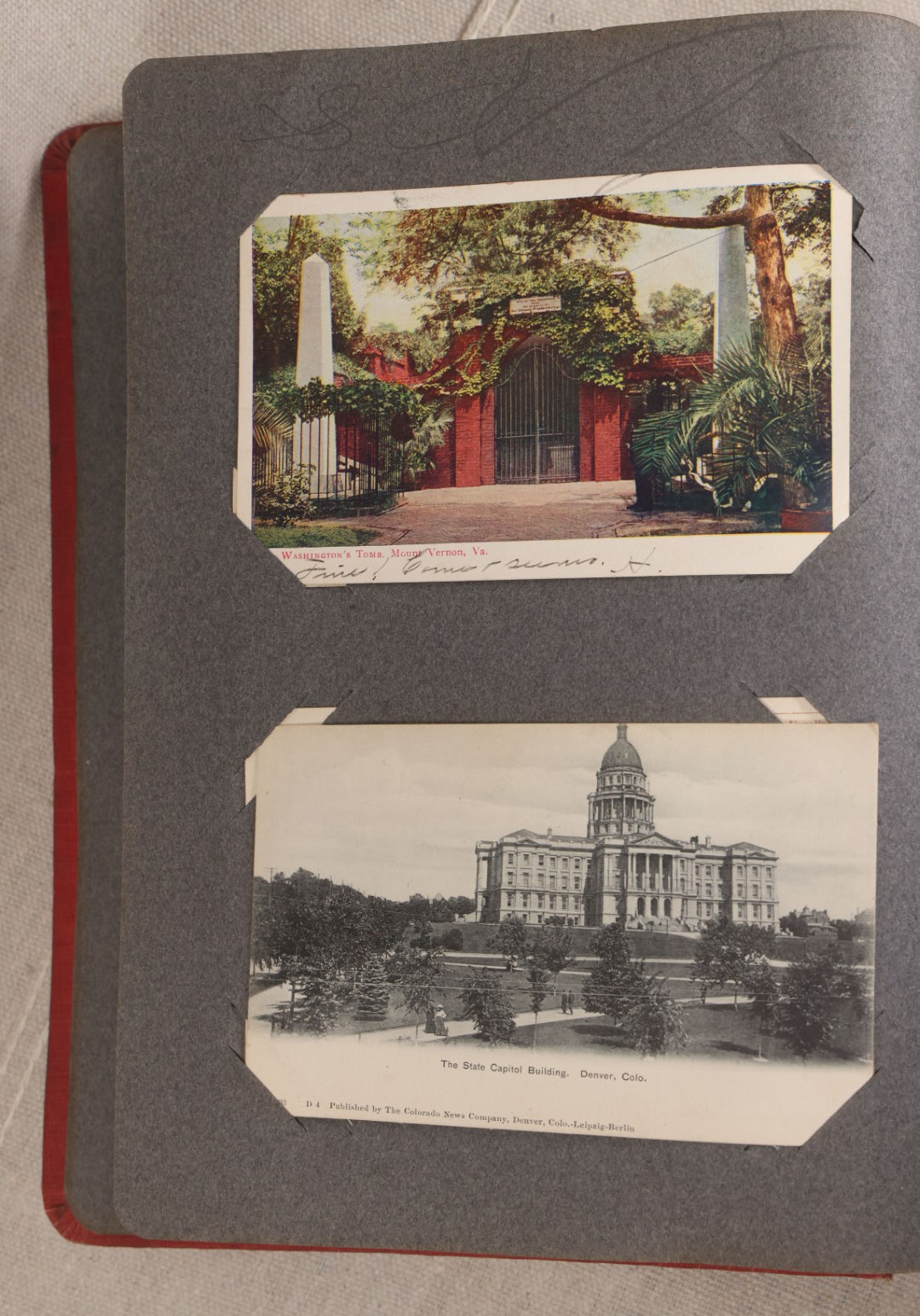 Lot 054 - Antique Postcard Album With Red Cover Containing Approximately 150 Antique And Vintage Postcards, New England, Holidays Including Christmas And Easter, Domestic, And International Subjects