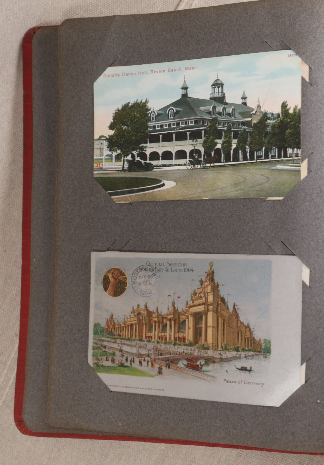 Lot 054 - Antique Postcard Album With Red Cover Containing Approximately 150 Antique And Vintage Postcards, New England, Holidays Including Christmas And Easter, Domestic, And International Subjects
