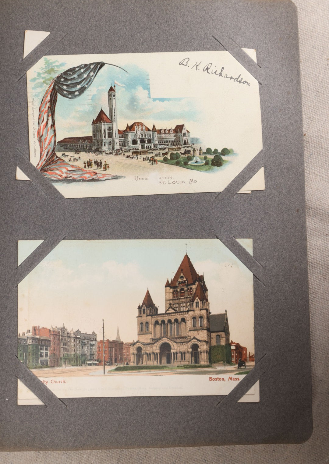 Lot 054 - Antique Postcard Album With Red Cover Containing Approximately 150 Antique And Vintage Postcards, New England, Holidays Including Christmas And Easter, Domestic, And International Subjects