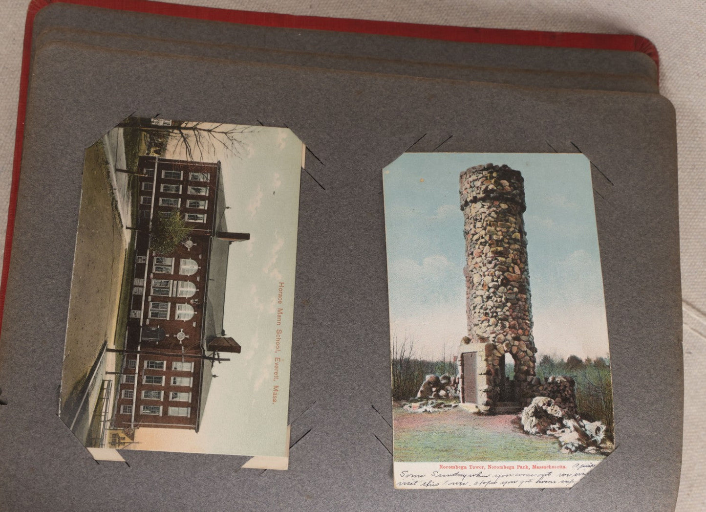 Lot 054 - Antique Postcard Album With Red Cover Containing Approximately 150 Antique And Vintage Postcards, New England, Holidays Including Christmas And Easter, Domestic, And International Subjects