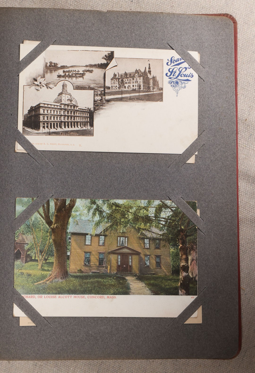 Lot 054 - Antique Postcard Album With Red Cover Containing Approximately 150 Antique And Vintage Postcards, New England, Holidays Including Christmas And Easter, Domestic, And International Subjects