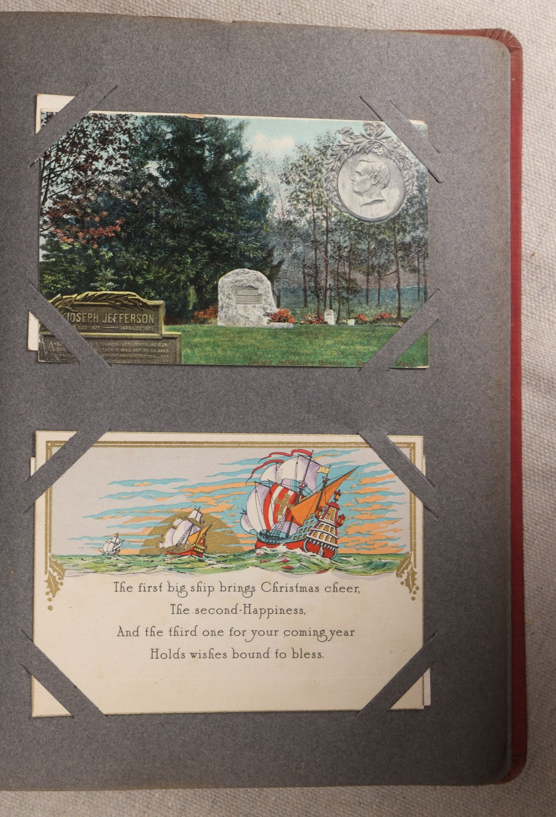 Lot 054 - Antique Postcard Album With Red Cover Containing Approximately 150 Antique And Vintage Postcards, New England, Holidays Including Christmas And Easter, Domestic, And International Subjects