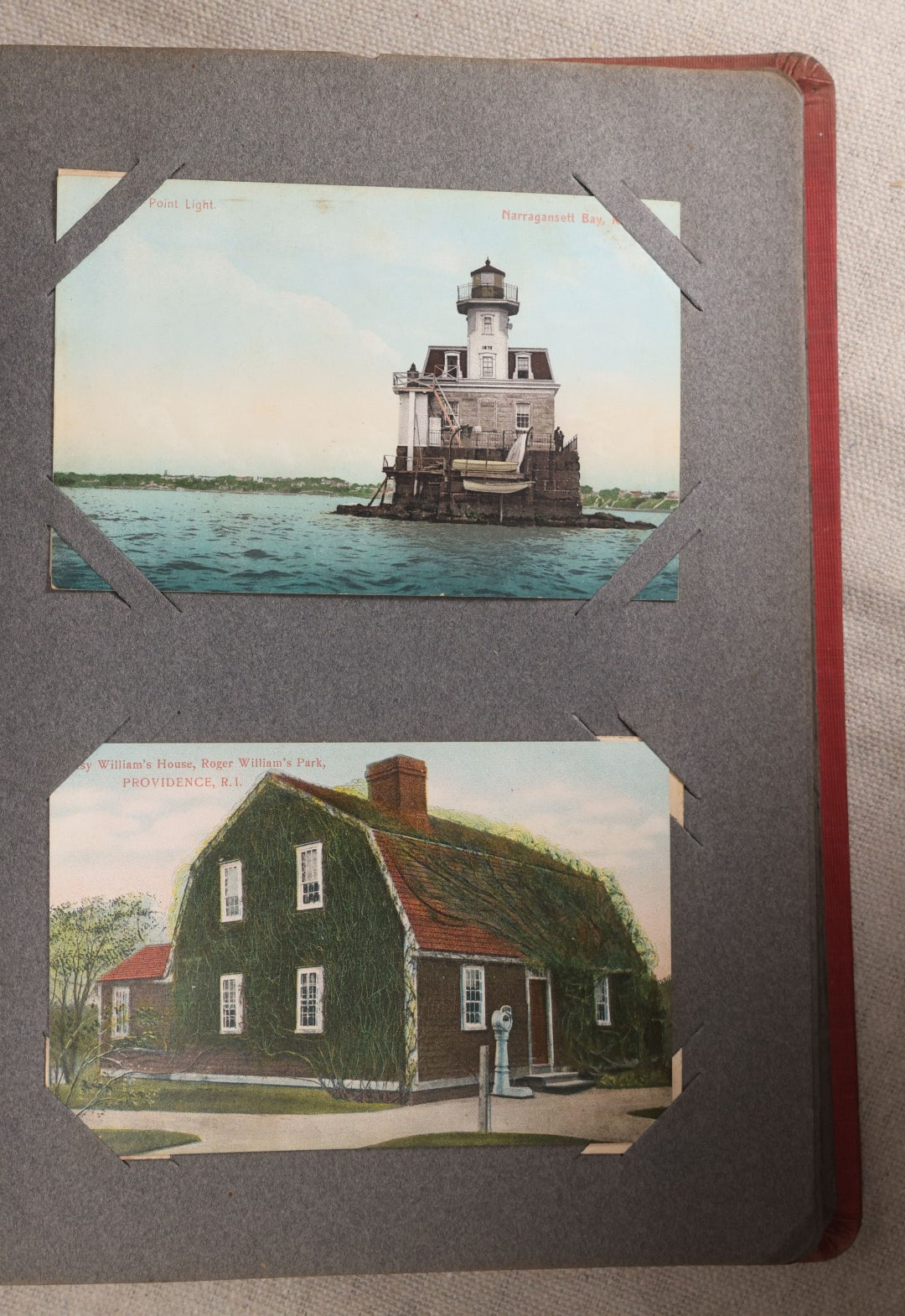 Lot 054 - Antique Postcard Album With Red Cover Containing Approximately 150 Antique And Vintage Postcards, New England, Holidays Including Christmas And Easter, Domestic, And International Subjects