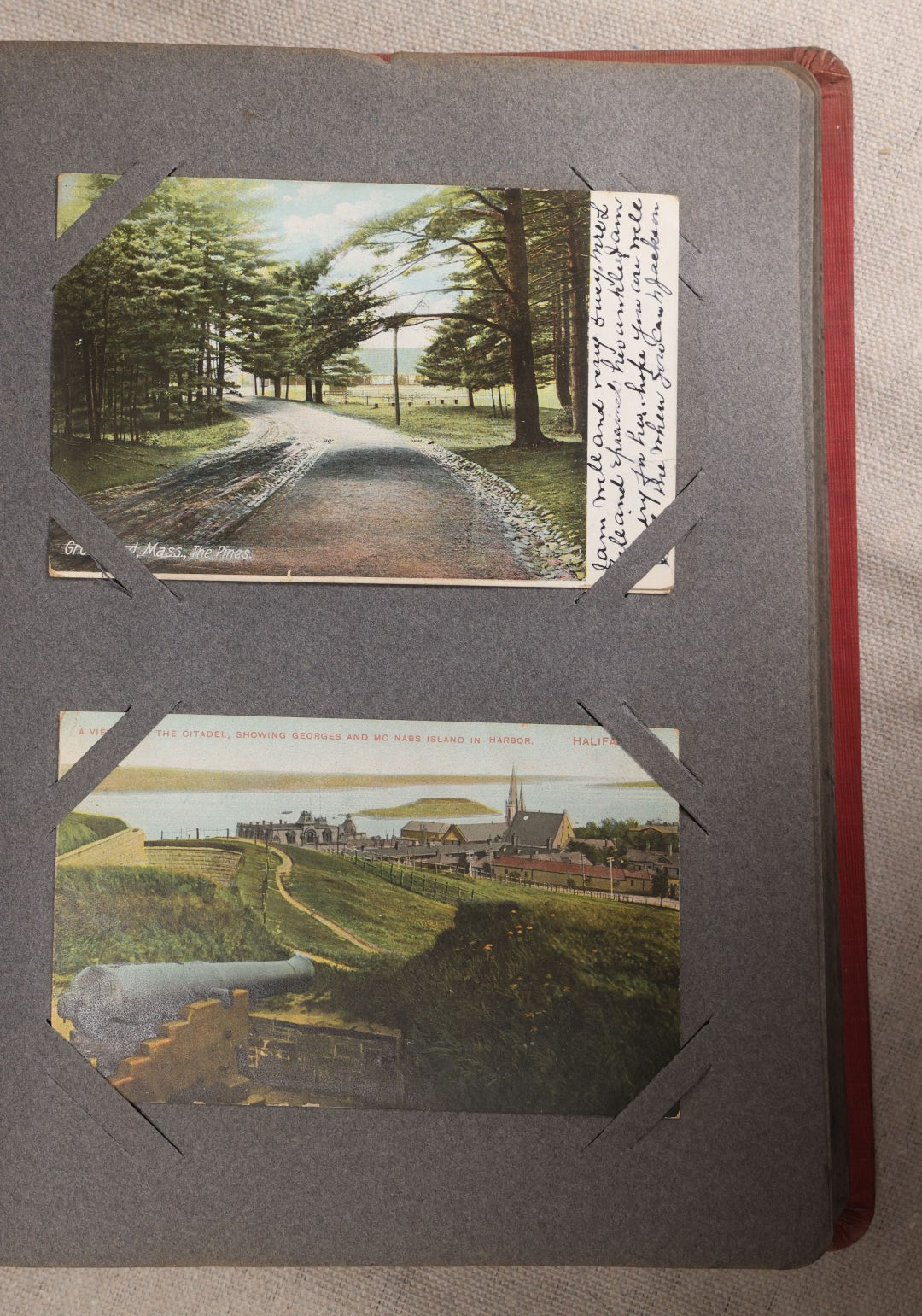 Lot 054 - Antique Postcard Album With Red Cover Containing Approximately 150 Antique And Vintage Postcards, New England, Holidays Including Christmas And Easter, Domestic, And International Subjects