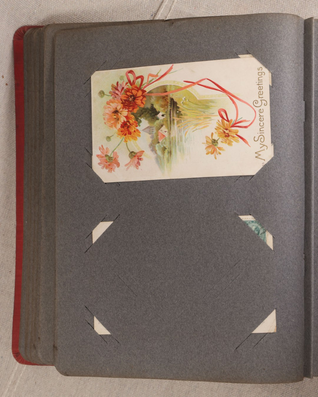 Lot 054 - Antique Postcard Album With Red Cover Containing Approximately 150 Antique And Vintage Postcards, New England, Holidays Including Christmas And Easter, Domestic, And International Subjects