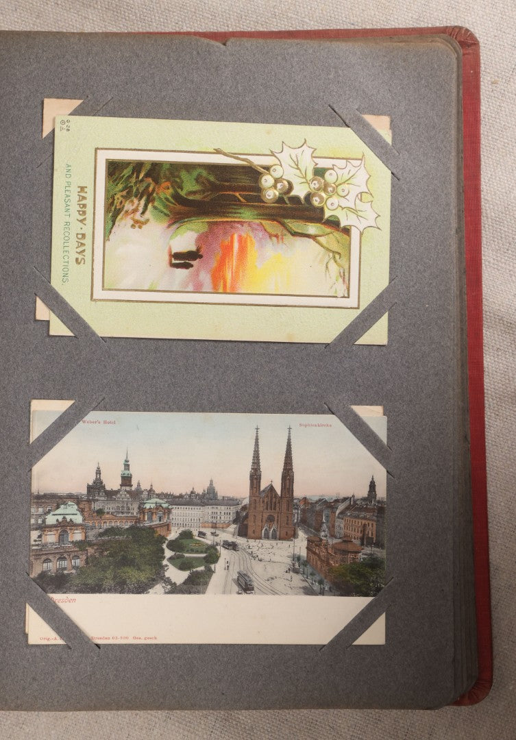 Lot 054 - Antique Postcard Album With Red Cover Containing Approximately 150 Antique And Vintage Postcards, New England, Holidays Including Christmas And Easter, Domestic, And International Subjects