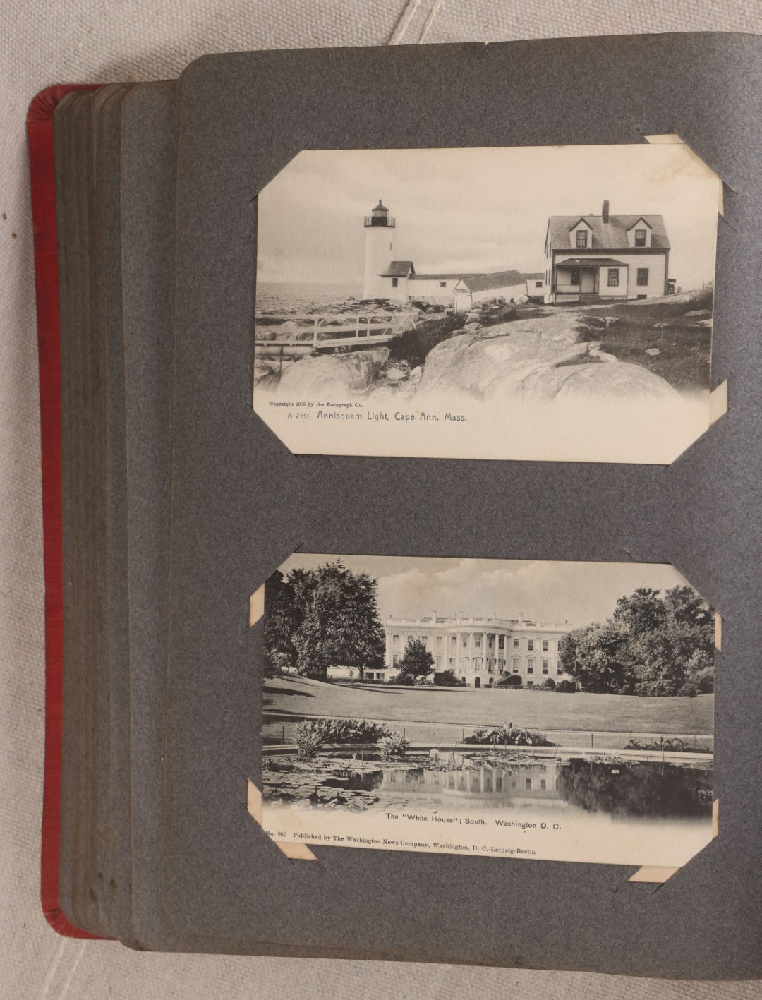 Lot 054 - Antique Postcard Album With Red Cover Containing Approximately 150 Antique And Vintage Postcards, New England, Holidays Including Christmas And Easter, Domestic, And International Subjects