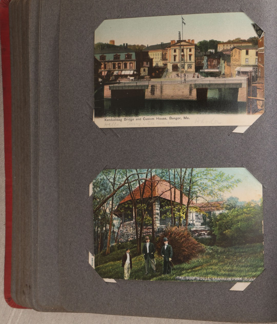 Lot 054 - Antique Postcard Album With Red Cover Containing Approximately 150 Antique And Vintage Postcards, New England, Holidays Including Christmas And Easter, Domestic, And International Subjects