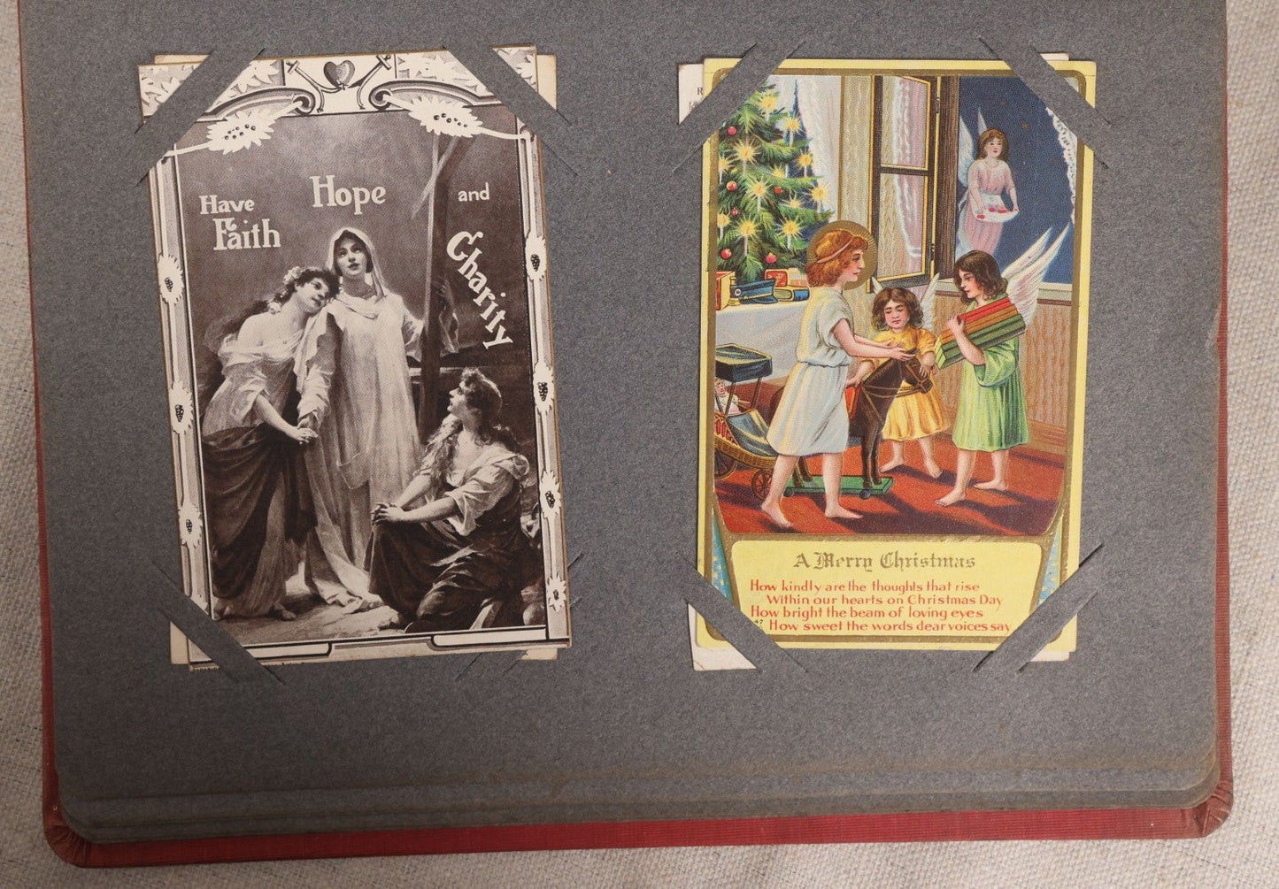 Lot 054 - Antique Postcard Album With Red Cover Containing Approximately 150 Antique And Vintage Postcards, New England, Holidays Including Christmas And Easter, Domestic, And International Subjects