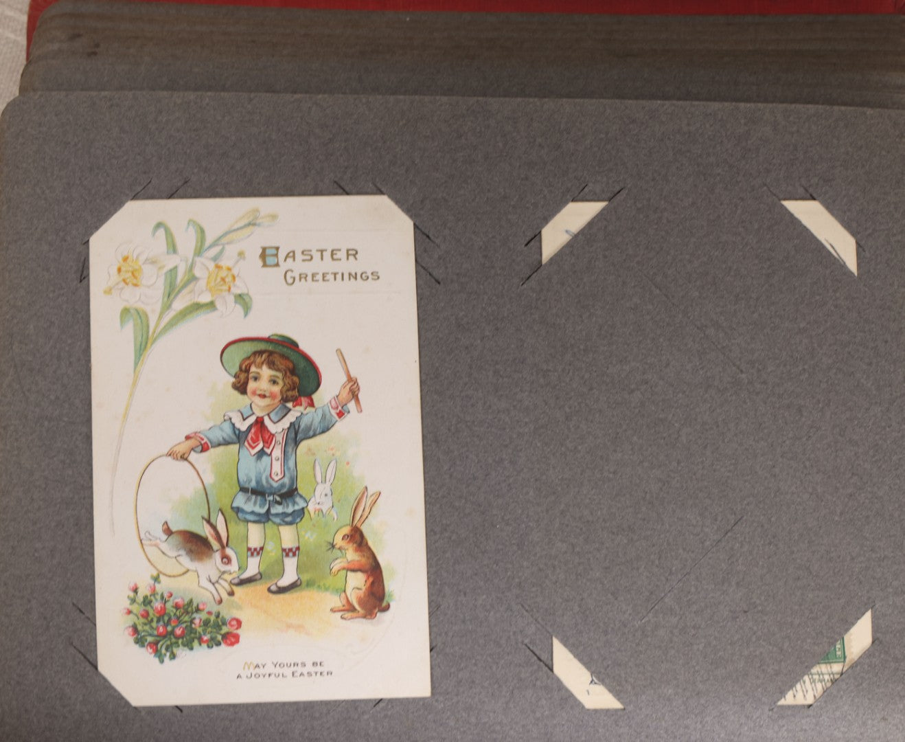 Lot 054 - Antique Postcard Album With Red Cover Containing Approximately 150 Antique And Vintage Postcards, New England, Holidays Including Christmas And Easter, Domestic, And International Subjects