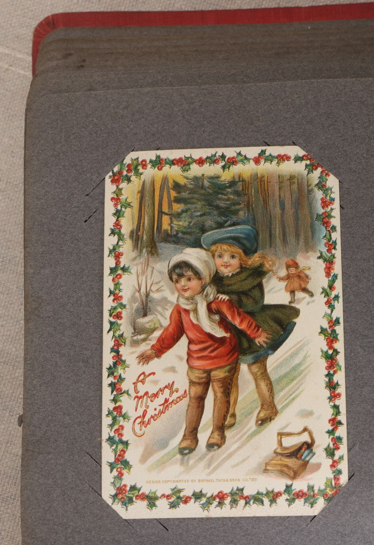Lot 054 - Antique Postcard Album With Red Cover Containing Approximately 150 Antique And Vintage Postcards, New England, Holidays Including Christmas And Easter, Domestic, And International Subjects