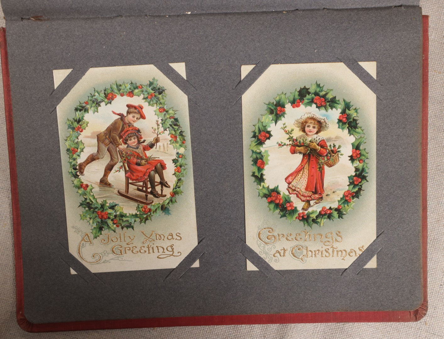 Lot 054 - Antique Postcard Album With Red Cover Containing Approximately 150 Antique And Vintage Postcards, New England, Holidays Including Christmas And Easter, Domestic, And International Subjects