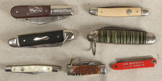 Lot 055 - Grouping Of Seven Vintage Pocket Knives Including Barlow, Multi-Tool With Corkscrew, And Air Express Advertising Knife
