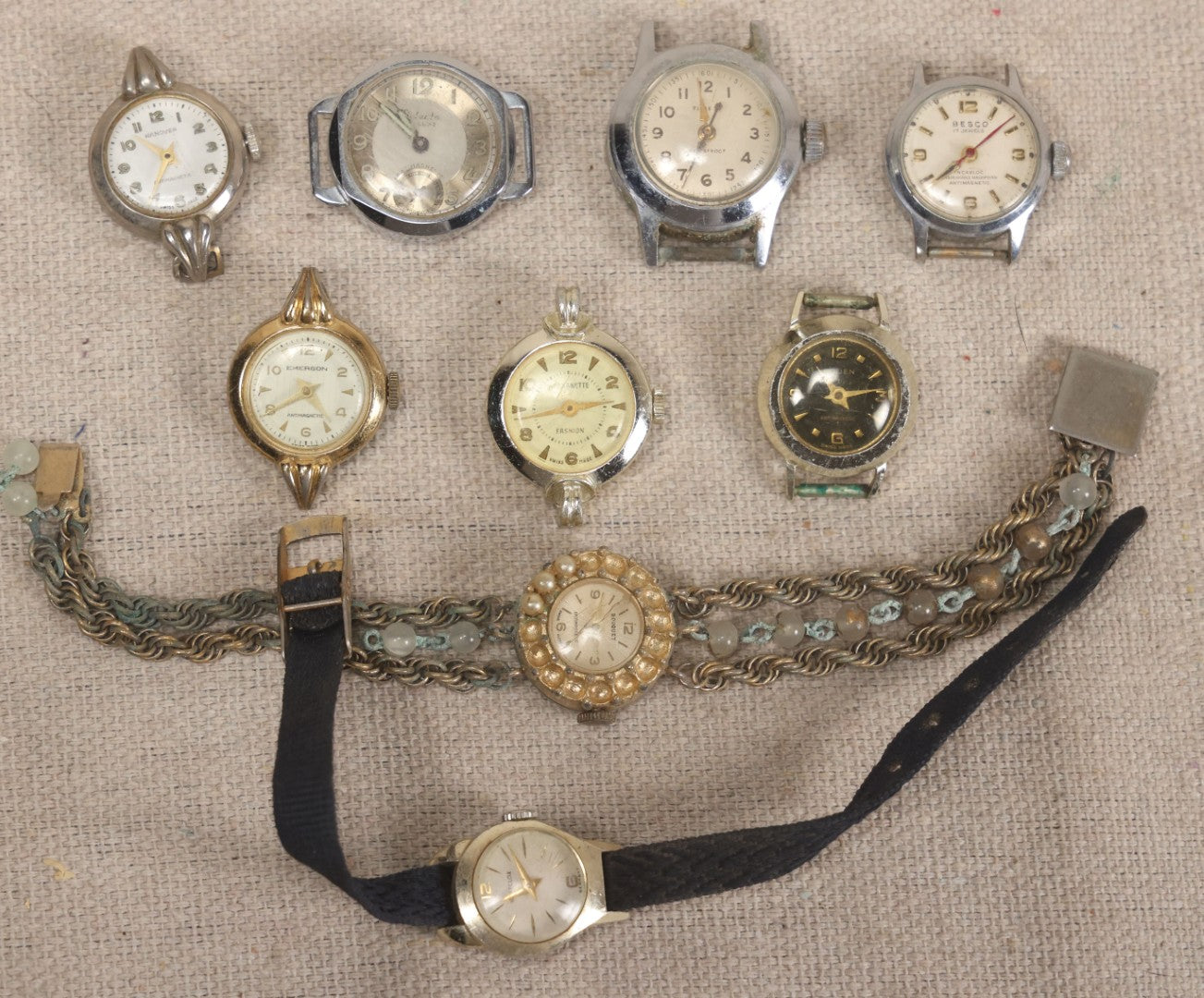 Lot 058 - Grouping Of Nine Vintage Wristwatches For Parts Or Repair Including Besco, Emerson, Rouen, Harmanette, Hanover, Bouquet, And Westclox, Many Swiss Make