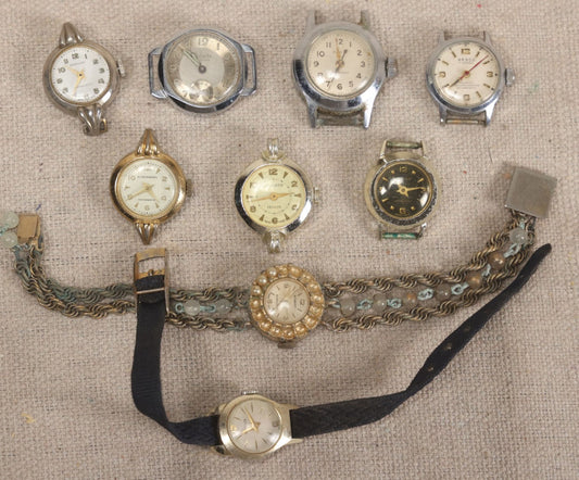 Lot 058 - Grouping Of Nine Vintage Wristwatches For Parts Or Repair Including Besco, Emerson, Rouen, Harmanette, Hanover, Bouquet, And Westclox, Many Swiss Make