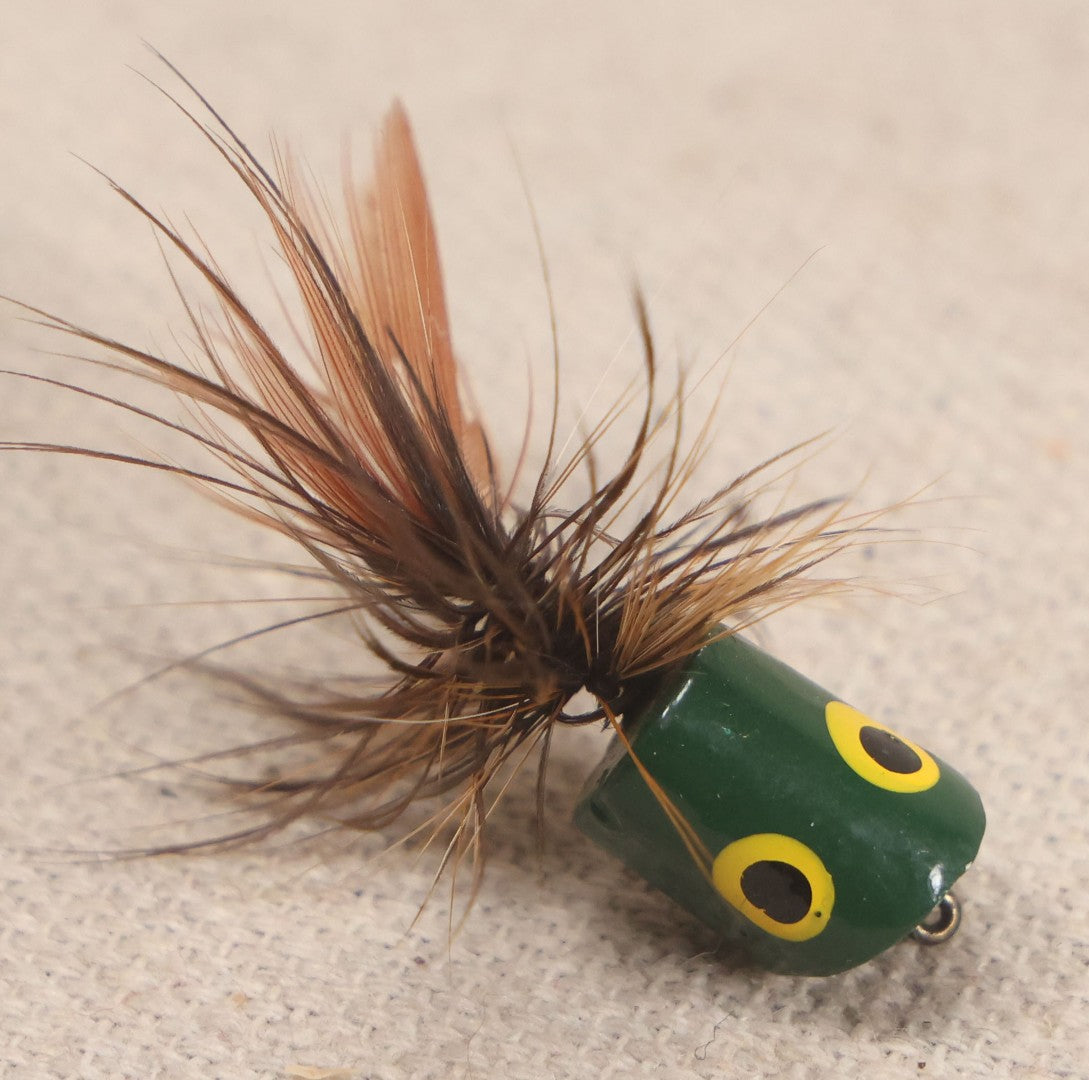 Lot 059 - Grouping Of 12 Vintage Fly Fishing Poppers With Painted Bodies And Feather Tails