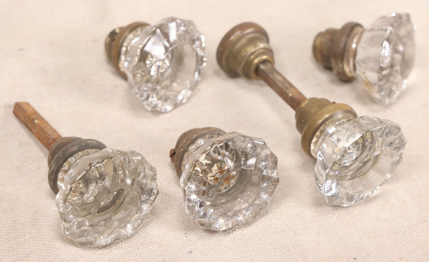 Lot 060 - Grouping Of Five Antique Glass Door Knobs With Mixed Hardware, As Found
