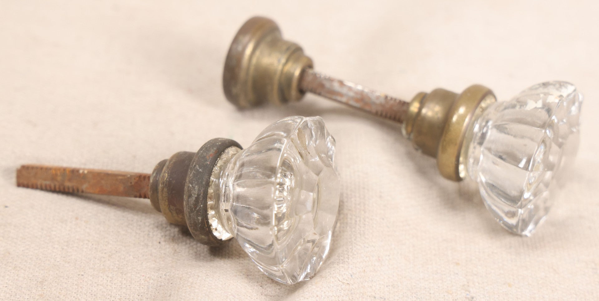 Lot 060 - Grouping Of Five Antique Glass Door Knobs With Mixed Hardware, As Found
