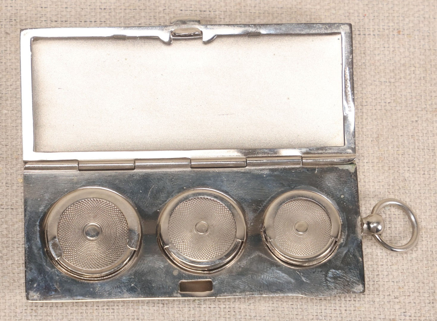 Lot 061 - Antique Silverplate Chatelaine Coin Holder With Engine-Turned Compartments, Engraved Case, Made In Germany