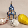 Lot 062 - Grouping Of Four Vintage Blown Glass Christmas Ornaments Including Two Figural Santa Claus Heads, Church, And Gold Ribbed Teardrop