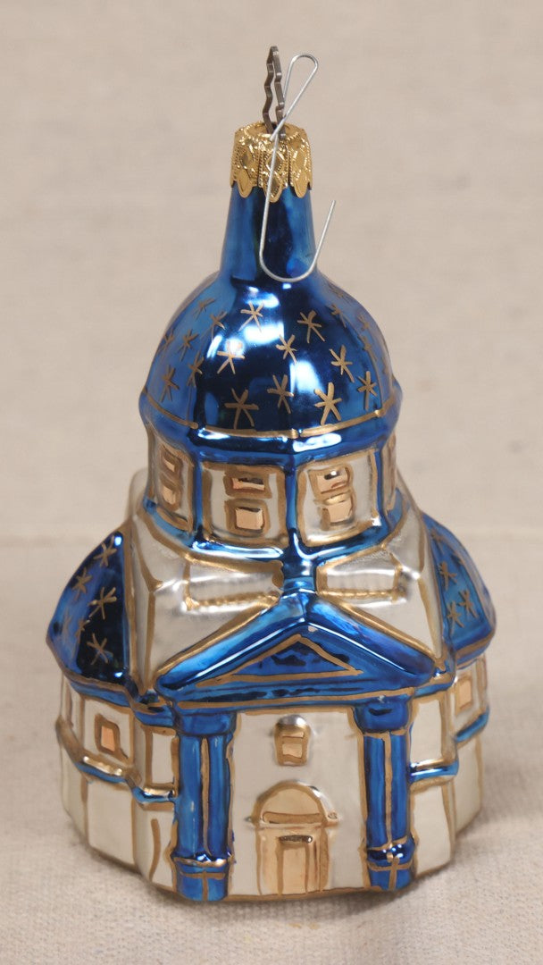Lot 062 - Grouping Of Four Vintage Blown Glass Christmas Ornaments Including Two Figural Santa Claus Heads, Church, And Gold Ribbed Teardrop