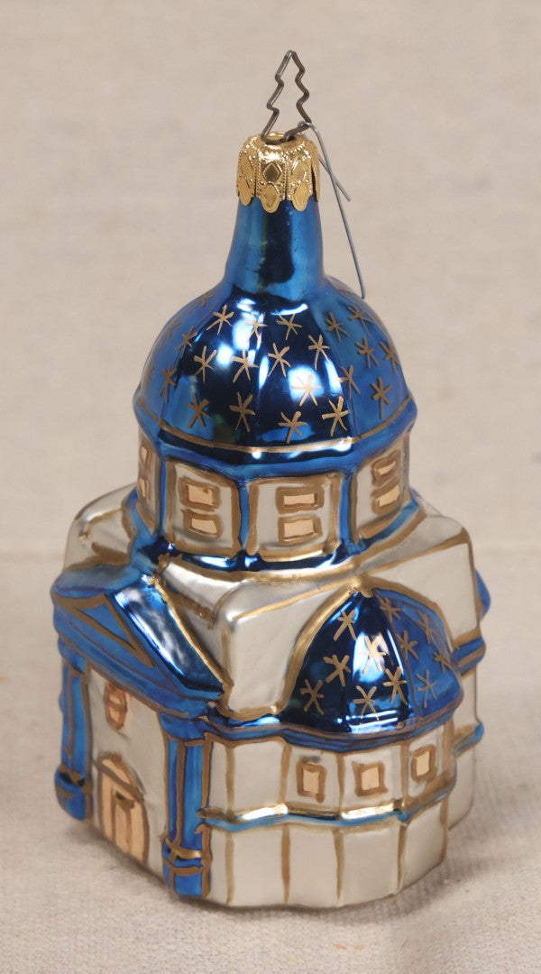 Lot 062 - Grouping Of Four Vintage Blown Glass Christmas Ornaments Including Two Figural Santa Claus Heads, Church, And Gold Ribbed Teardrop