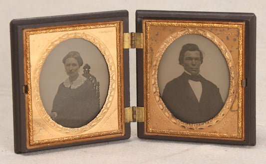 Lot 068 - Pair Of Antique 1/6th Plate Spherotype Ambrotype Photographs By C.L. Howe, Married Couple, In Double Thermoplastic Union Case By A.P. Critchlow & Co.